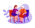 Support, care for the elderly. A young woman sits next to an elderly woman. Vector illustration in flat cartoon style