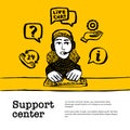 Support center concept. Customer service chat. Web banner with female character with a headset on yellow background Royalty Free Stock Photo