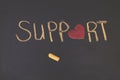 Support on chalkboard. wooden small red heart on letter O place.