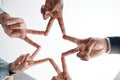 Support, community and peace sign with hands of business people in collaboration for networking, mission and vision Royalty Free Stock Photo