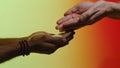 Support concept. Stock. Empathy, compassion, help, kindness. Humanitarian assistance to African countries. Hands pour Royalty Free Stock Photo