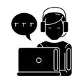 Support - customer service - man with computer and headset and chat icon, vector illustration, black sign on isolated Royalty Free Stock Photo