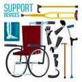 Support Devices Vector. Wheelchair. Amputation Prosthesis. Isolated Flat Cartoon Illustration