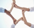 Support, diversity and business people connect arms for unity, strength and community in company. Teamwork Royalty Free Stock Photo