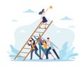 Support of friends and colleagues in achieving goal, realizing dreams. People hold ladder, woman takes out star, solving Royalty Free Stock Photo
