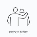 Support group flat line icon. Vector outline illustration of therapy, friendship hug. Man supporting his friend with Royalty Free Stock Photo
