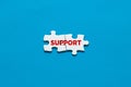 Support, help or cooperation. Two connected puzzle pieces with the word support Royalty Free Stock Photo