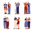 Support hugging. Colleagues hug, friendly parents and friends. Cuddling therapy with sad and crying people. Woman care Royalty Free Stock Photo