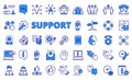 Support icons in line design, blue. Assistance, help, service, consultation, response, care, experience, business, fast Royalty Free Stock Photo