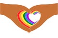 Support LGBTQ concept. Seven pairs of colorful hands in heart shapes on transparent white background, Vector illustration.