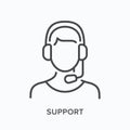 Support line icon. Vector outline illustration of customer assistant in headphones with microphone. Helpline operator in