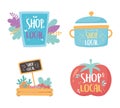 Support local business, shop small market, board cooking pot products fresh icons Royalty Free Stock Photo