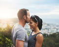 Support, love or couple kiss in park for date, wellness or care on summer romance or adventure. Forehead, hug or man Royalty Free Stock Photo