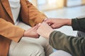 Support, mental health and patient holding hands with therapist in counseling session for depression, anxiety or trauma