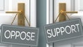 Support or oppose as a choice in life - pictured as words oppose, support on doors to show that oppose and support are different