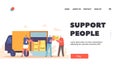 Support People in Need Landing Page Template. Volunteers Give Humanitarian Aid Help Box to Senior Refugee Homeless Man