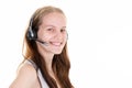 Support phone operator blonde pretty woman in headset callcenter in white background Royalty Free Stock Photo