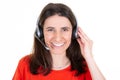 Support phone operator brunette pretty woman in headset callcenter in white background