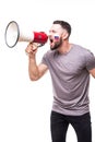 Support Russia. Scream on megaphone Russian football fan in game supporting of Russia national team on white background. Football Royalty Free Stock Photo