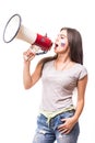 Support Russia. Scream on megaphone Russian woman football fan in game supporting of Russia national team on white background. Foo Royalty Free Stock Photo