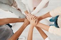 Support, solidarity and hands stacked of business people in a meeting with trust, teamwork and community. Mission Royalty Free Stock Photo