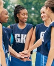 Support, teamwork and sports with netball women for motivation, planning and training on field. Happy, vision and goals