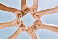 Support, trust and solidarity fist hands circle with low angle for loyalty, mission and friends with cooperation