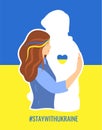 Support for Ukraine concept. A young woman hugging the shape of a man who has gone to war, expressing hope and love.