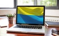 Support Ukraine, donate help Ukrainian people. Flag on computer laptop screen. 3d render