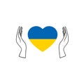 Support for Ukraine. Heart shaped flag icon in female palms. Save Ukraine.