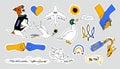 Support Ukraine stickers. Set of Ukrainian symbols flag, sunflower, dog, plane, bird, heart. Vector design. Stop war