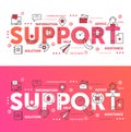 Support word set, thin line abstract web design for call center technical online help and assist