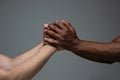 Racial tolerance. Respect social unity. African and caucasian hands gesturing on gray studio background