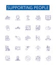 Supporting people line icons signs set. Design collection of Aid, Uplift, Assisting, Easing, Comforting, Nurturing