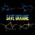 Supporting words for Ukraine Save Ukraine with blue and yellow painting on a black background