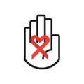 Supporting world Aids Day - Isolated black line hand symbol holding red heart shape ribbon sign icon on white Royalty Free Stock Photo