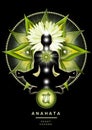 Heart chakra meditation in yoga lotus pose, in front of anahata chakra symbol. Royalty Free Stock Photo