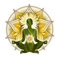 Solar Plexus chakra meditation in yoga lotus pose, in front of Manipura chakra symbol.