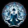 Throat chakra meditation in yoga lotus pose, in front of Vishuddha chakra symbol.