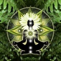 Heart chakra meditation in yoga lotus pose, in front of anahata chakra symbol and calming, green ferns. Royalty Free Stock Photo