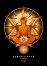 Sacral chakra meditation in yoga lotus pose, in front of svadhisthana chakra symbol.