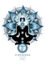 Throat chakra meditation in yoga lotus pose, in front of Vishuddha chakra symbol.