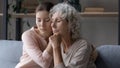 Supportive grownup daughter comfort upset elderly mom Royalty Free Stock Photo