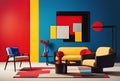 Suprematism style interior design of modern living room with abstract geometric bold colored shapes. Created with generative AI