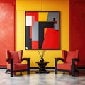 Suprematism style interior design of modern living room with red and yellow armchairs against of colorful vibrant wall Royalty Free Stock Photo