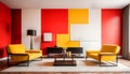 Suprematism style interior design of modern living room with red and yellow armchairs against colorful vibrant wall Royalty Free Stock Photo