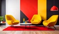 Suprematism style interior design of modern living room with red and yellow armchairs against colorful vibrant wall Royalty Free Stock Photo