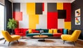 Suprematism style interior design of modern living room with red and yellow armchairs against colorful vibrant wall Royalty Free Stock Photo