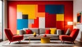 Suprematism style interior design of modern living room with red and yellow armchairs against colorful vibrant wall Royalty Free Stock Photo