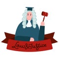 Supreme Court, Judiciary Social Media Banner. Judge in Mantle and Wig Cartoon Characterwoth lettering Law and justice on ribbon.